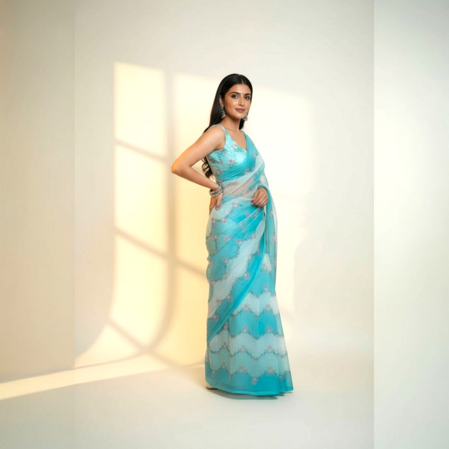 Sky Blue Floral Kota Cotton Saree
