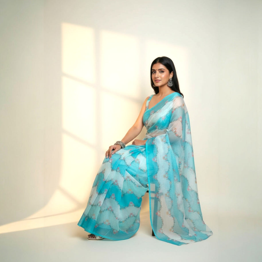 Sky Blue Floral Kota Cotton Saree