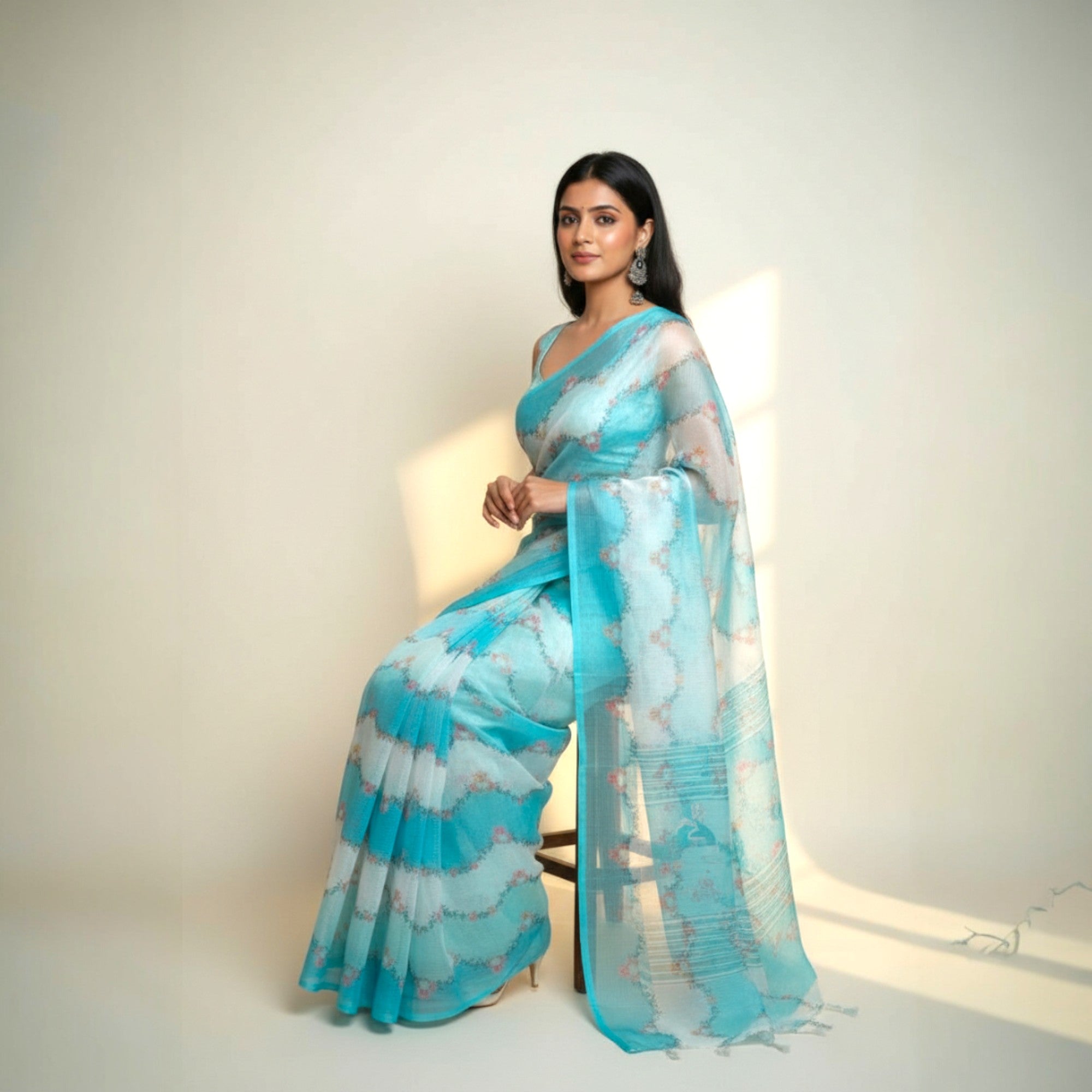 Sky Blue Floral Kota Cotton Saree