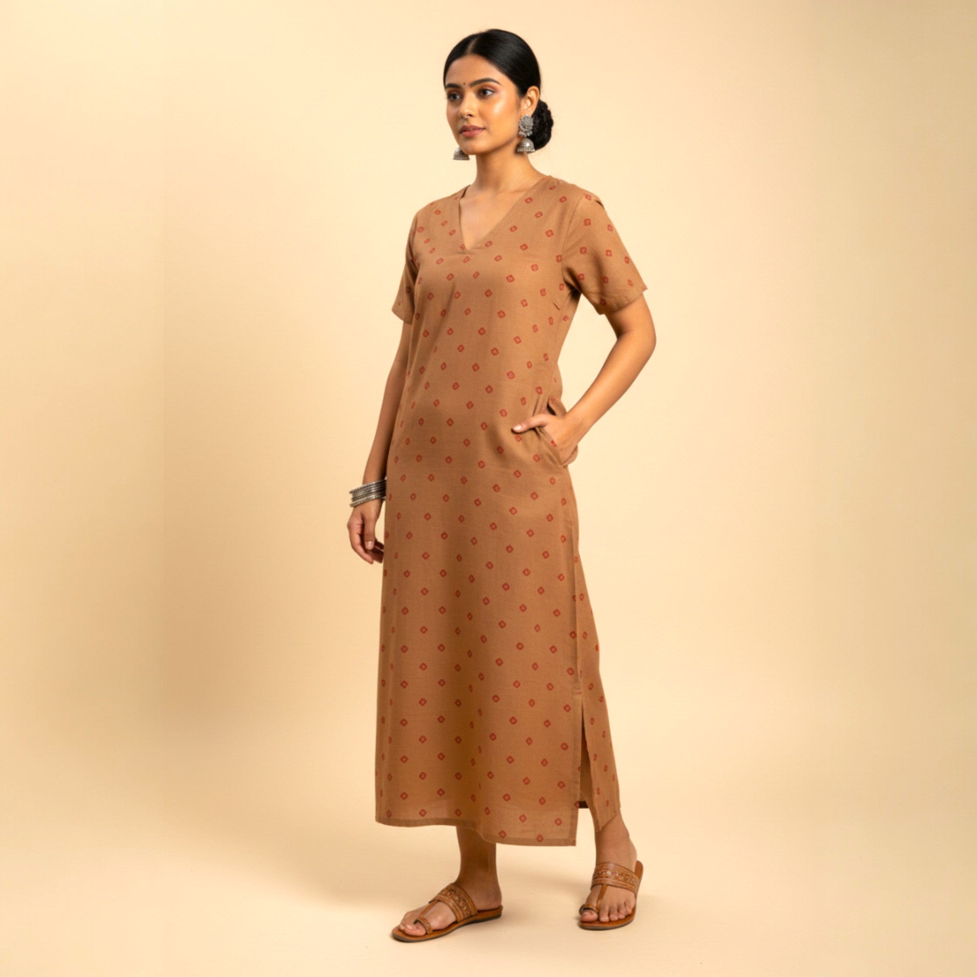 Brown Bandhani Cotton Long dress