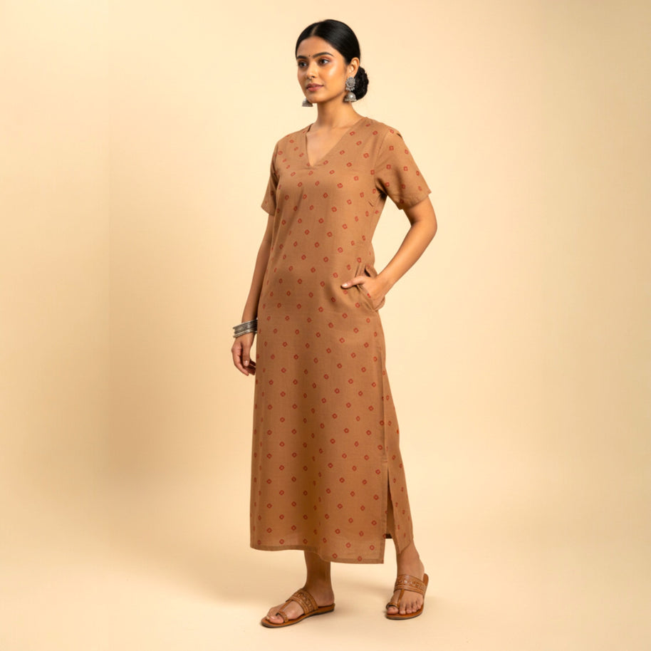 Brown Bandhani Cotton Long dress