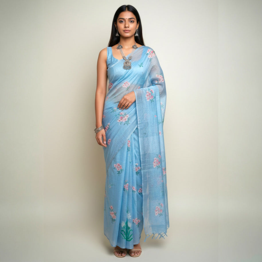 Grey Floral Kota Cotton Saree
