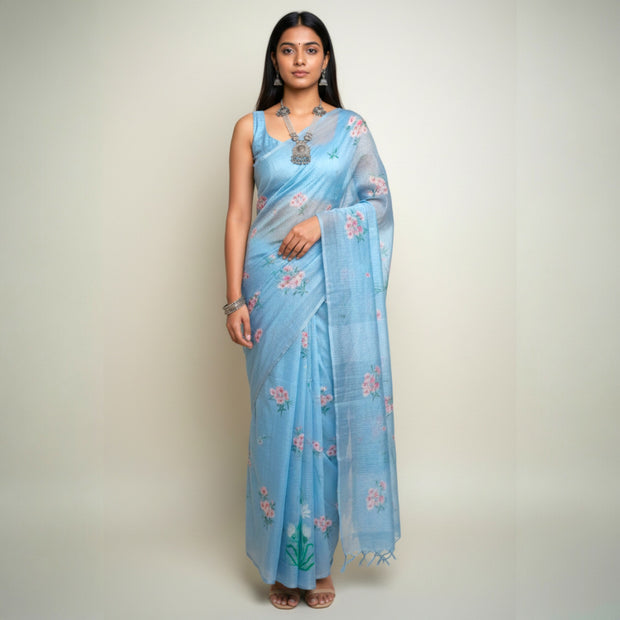 Grey Floral Kota Cotton Saree