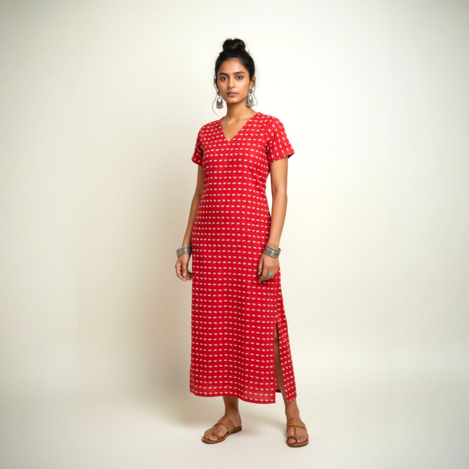 Red Camel Handblock Cotton Long Dress