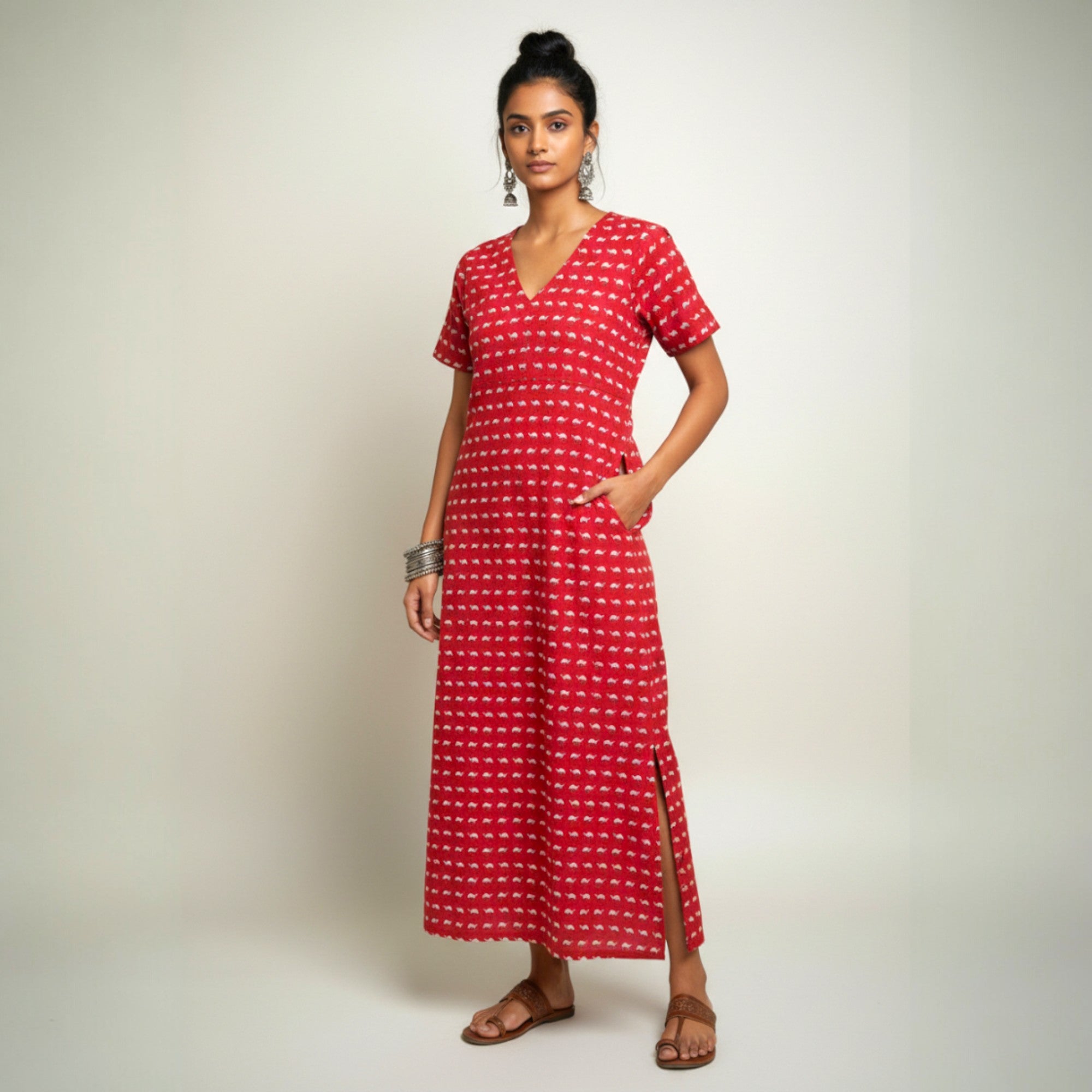 Red Camel Handblock Cotton Long Dress