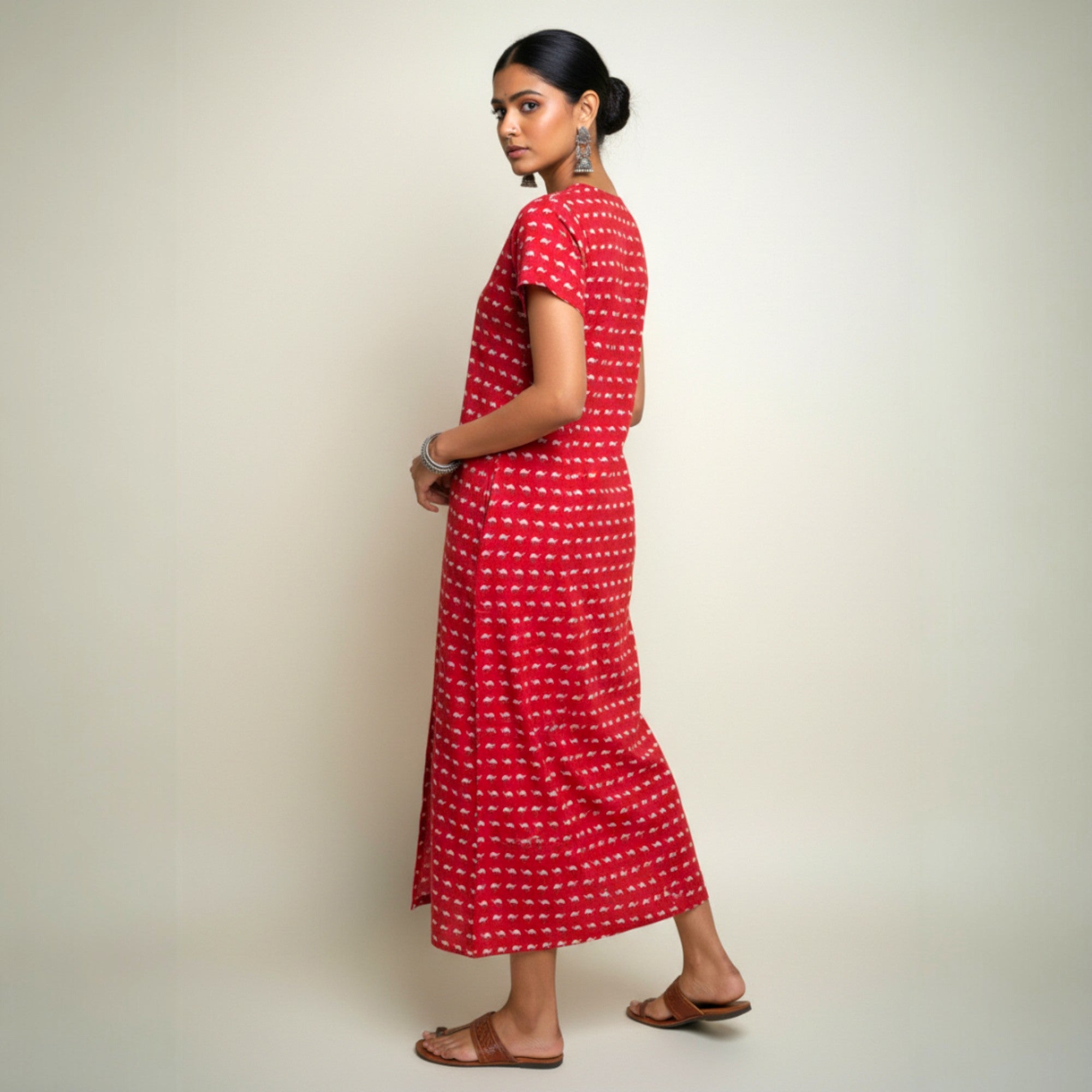 Red Camel Handblock Cotton Long Dress