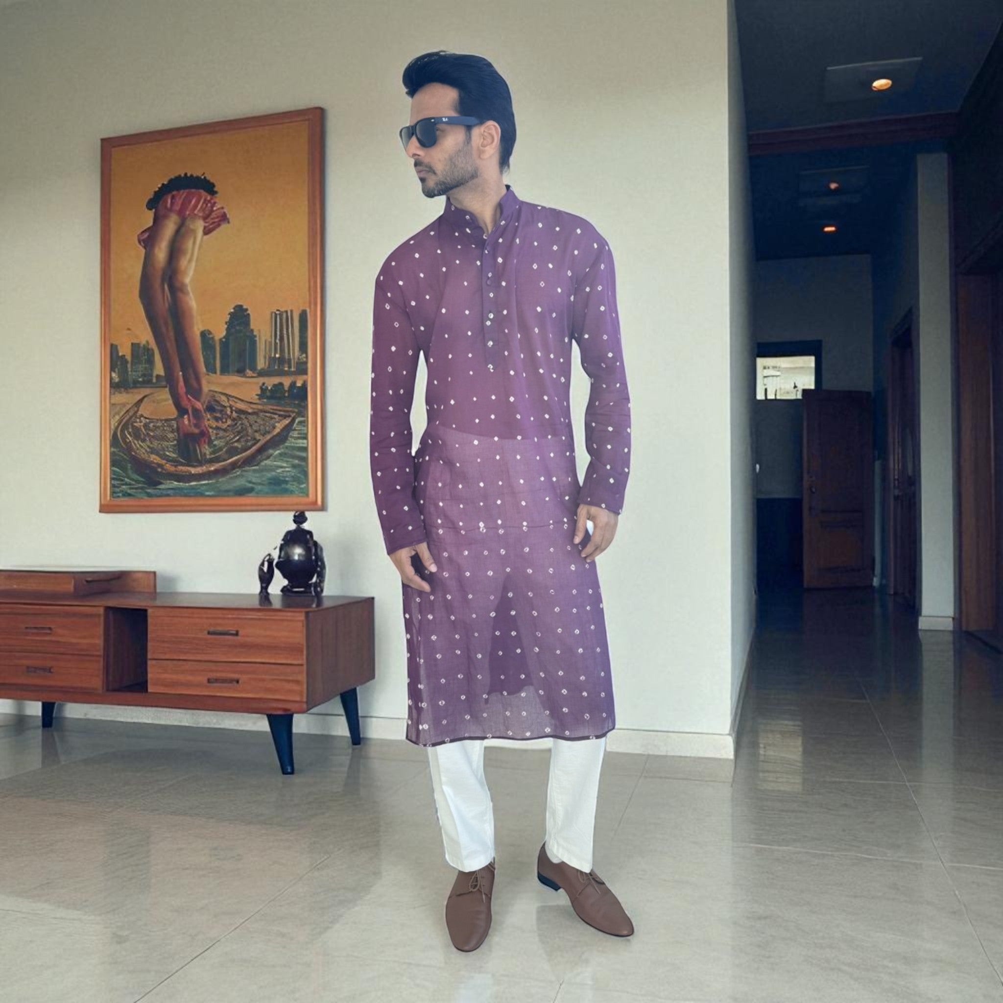 Purple Bandhani Cotton Kurta