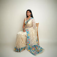 Offwhite Green Floral Silk Saree
