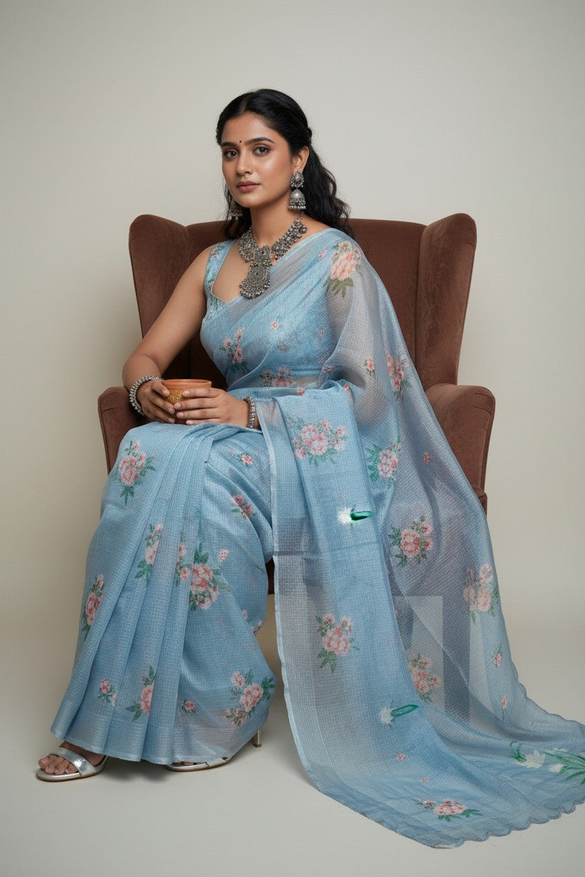 Grey Floral Kota Cotton Saree