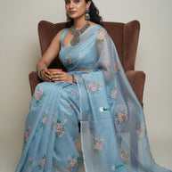 Grey Floral Kota Cotton Saree