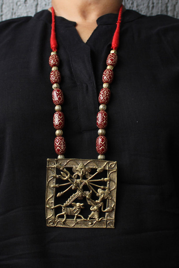 Designer Dhokra Brass Maa Kaali Square Necklace