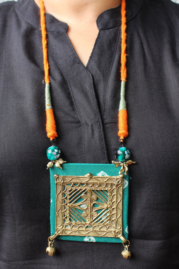 Dhokra (Brass) Designer Necklace on Handblock Print Base