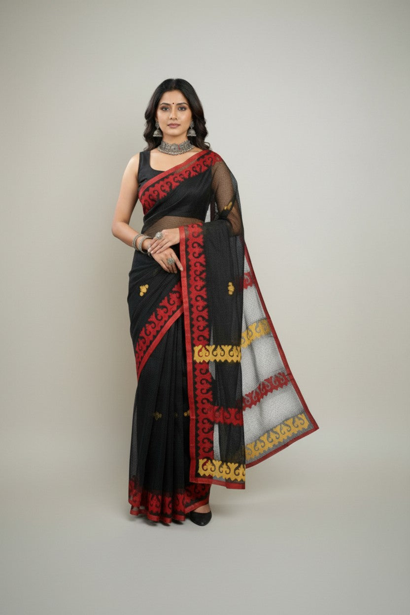 Black Red Stripe Applique Kota Cotton Saree