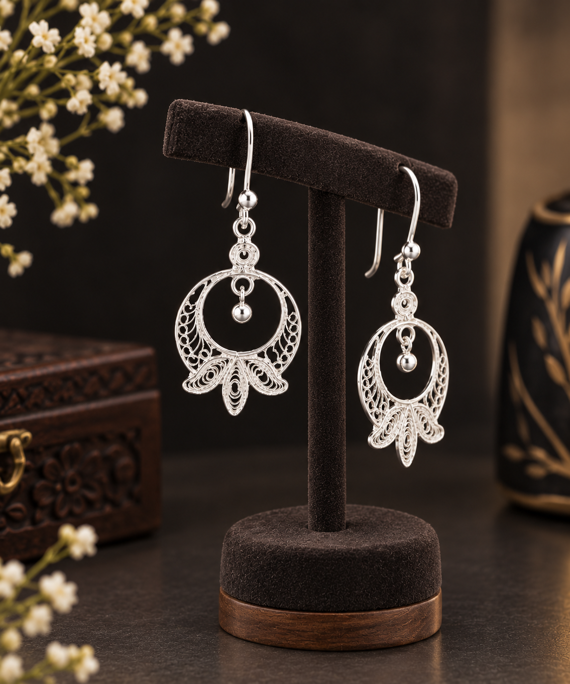 Floral Silver Filigree Earrings