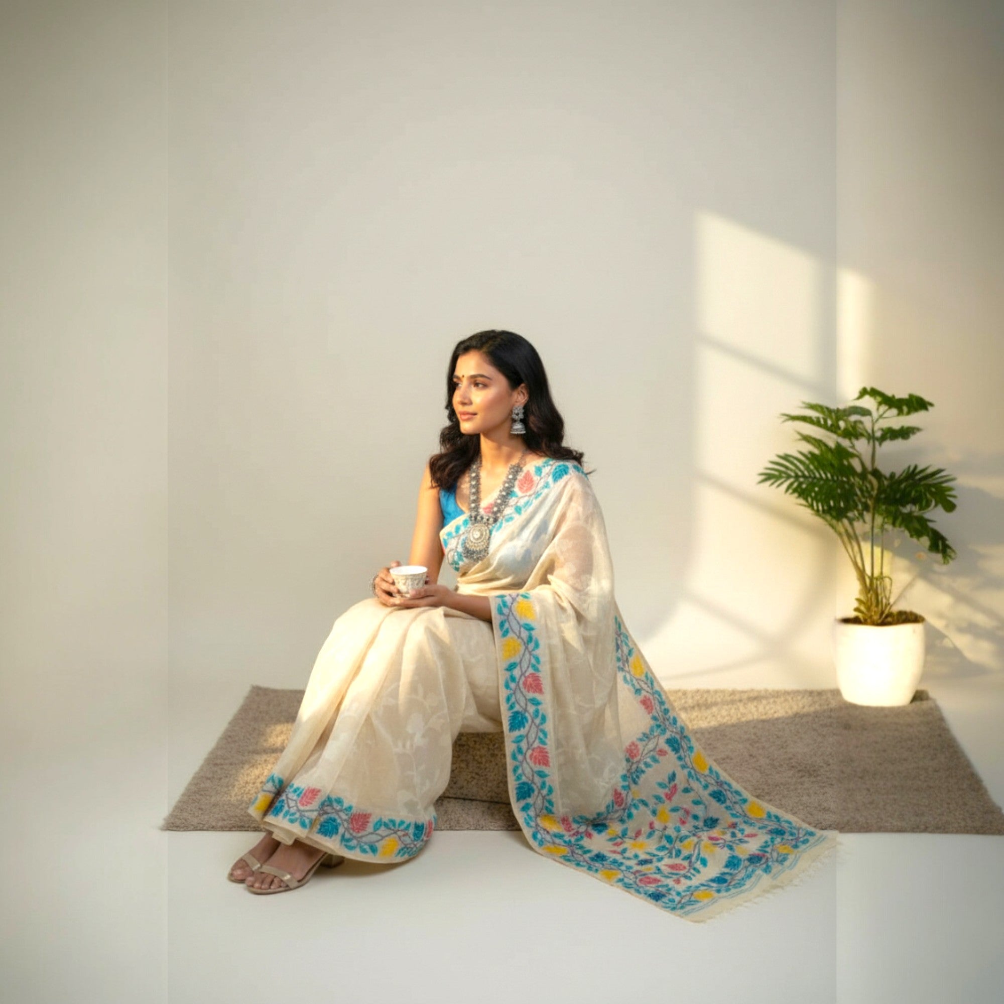 Offwhite Green Floral Silk Saree