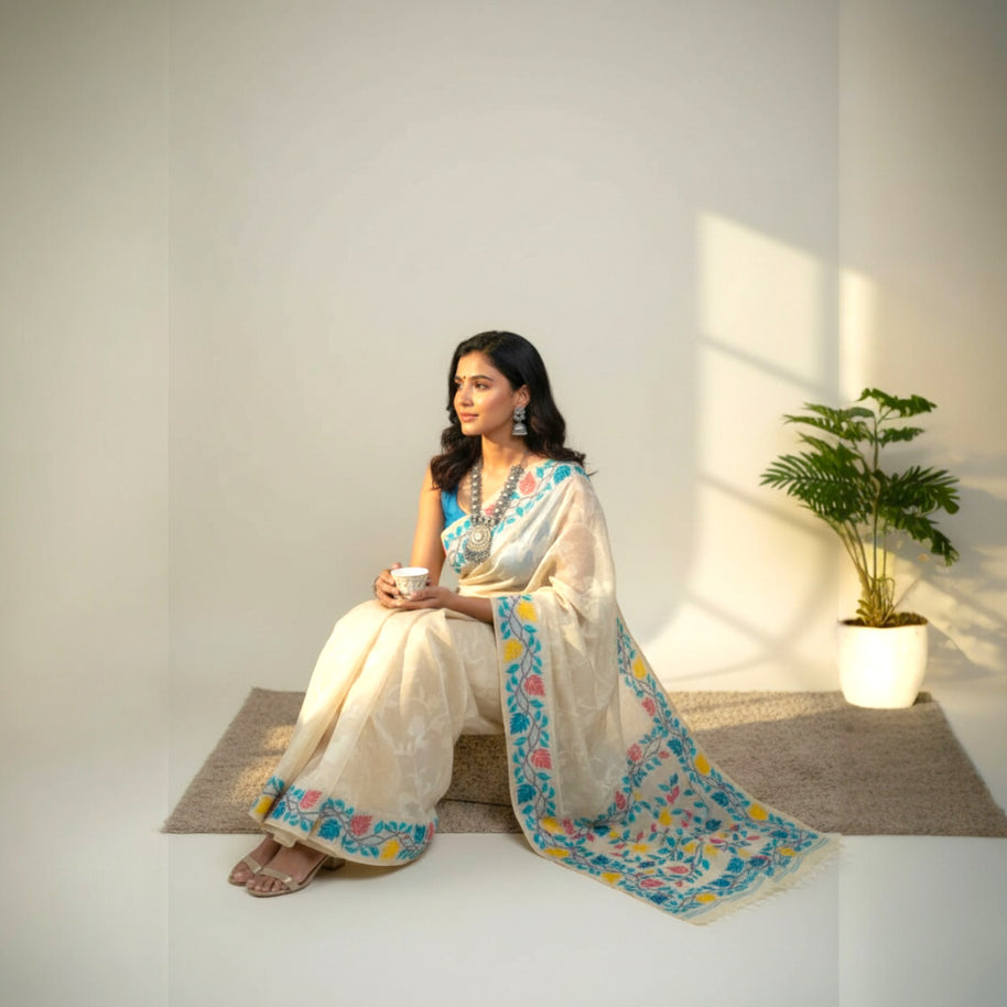 Offwhite Green Floral Silk Saree