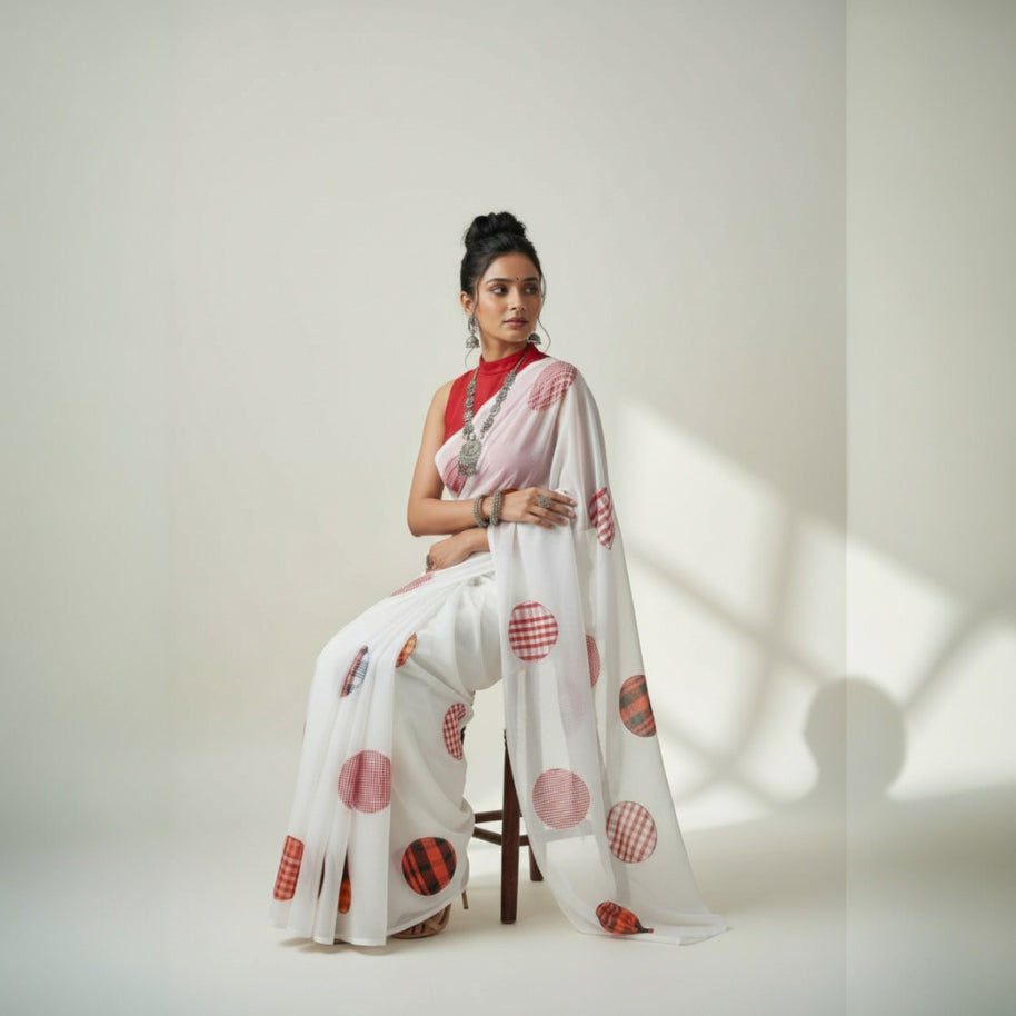 White Applique Cotton Saree
