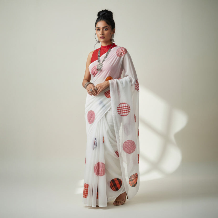 White Applique Cotton Saree