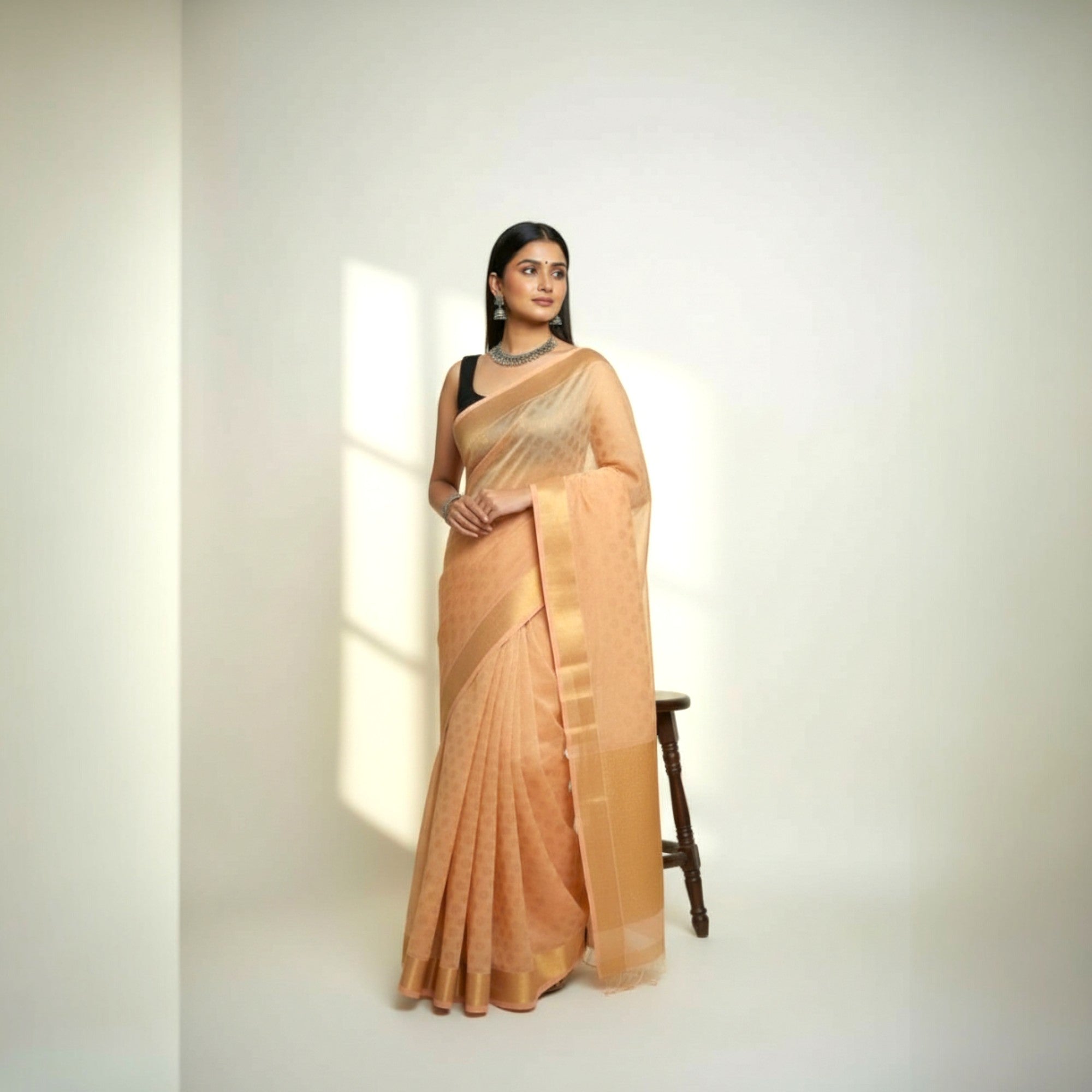 Dark Peach Buti Silk Saree