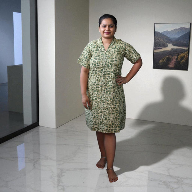 Twirl Green Handblock Cotton Short Dress