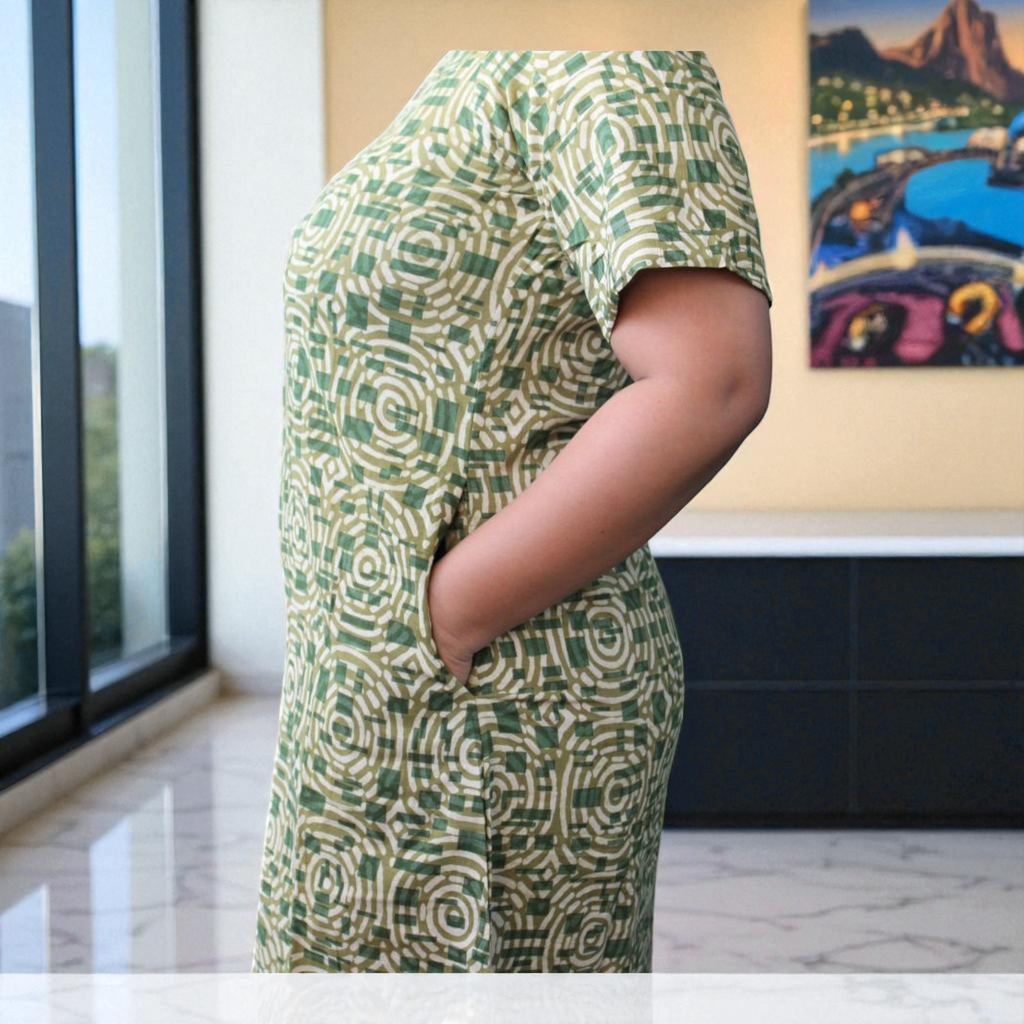 Twirl Green Handblock Cotton Short Dress