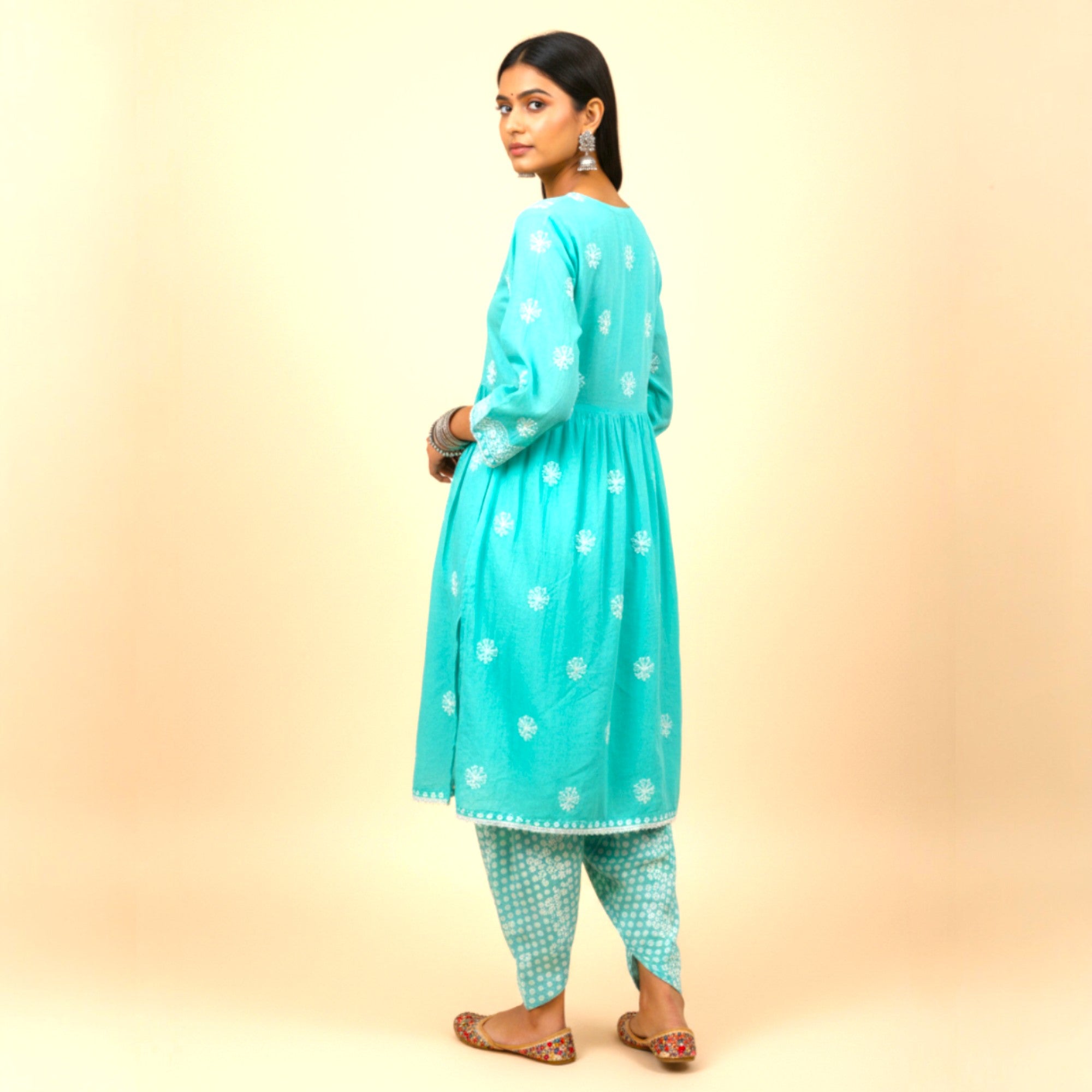 Green White Chikankari Cotton Kurti Set