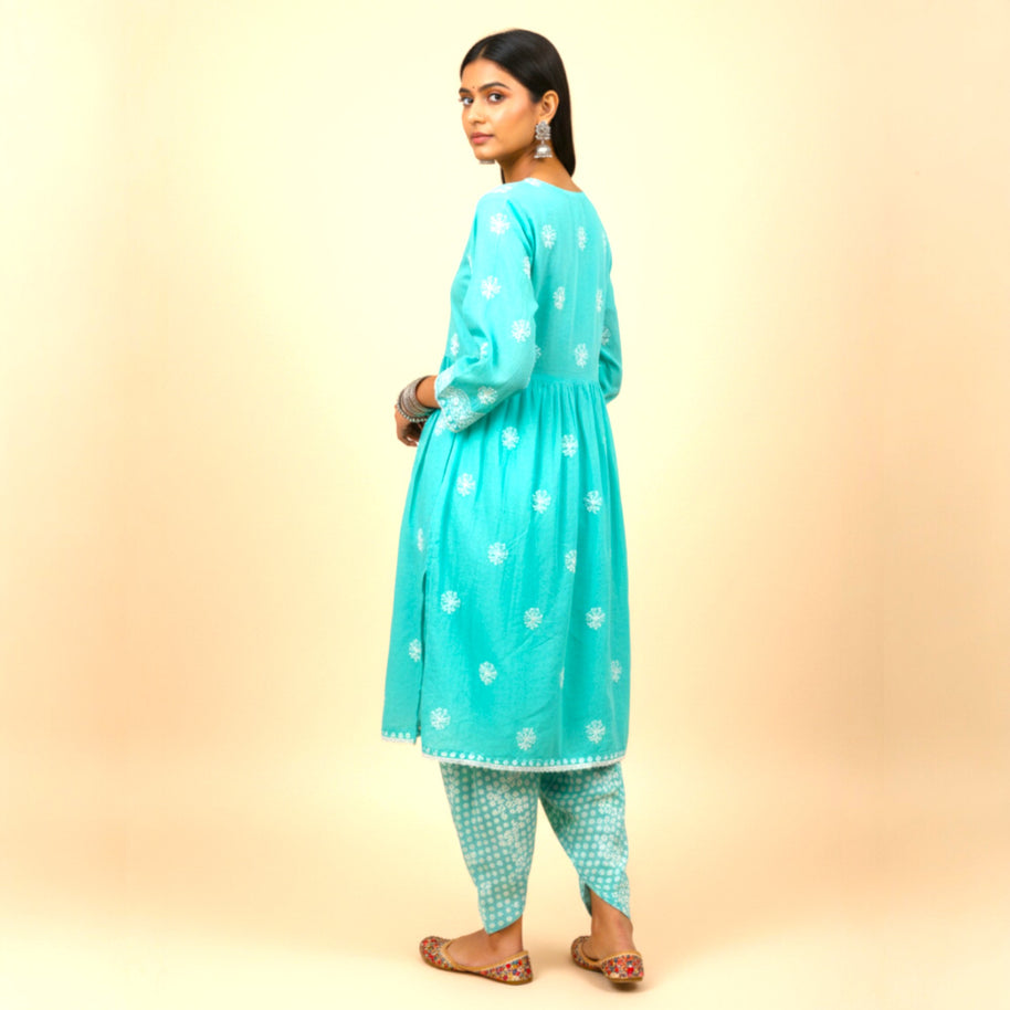 Green White Chikankari Cotton Kurti Set