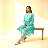 Green White Chikankari Cotton Kurti Set