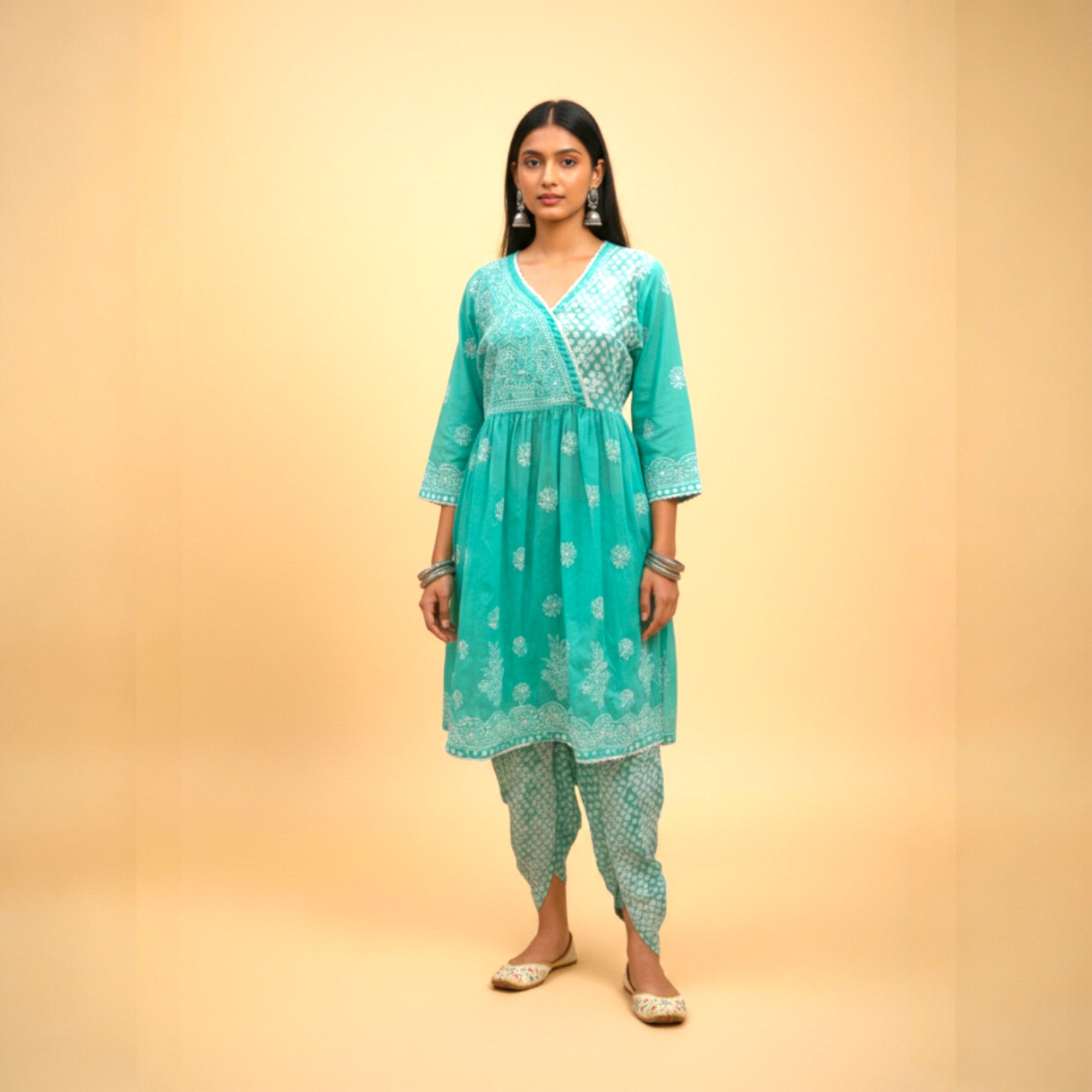 Green White Chikankari Cotton Kurti Set