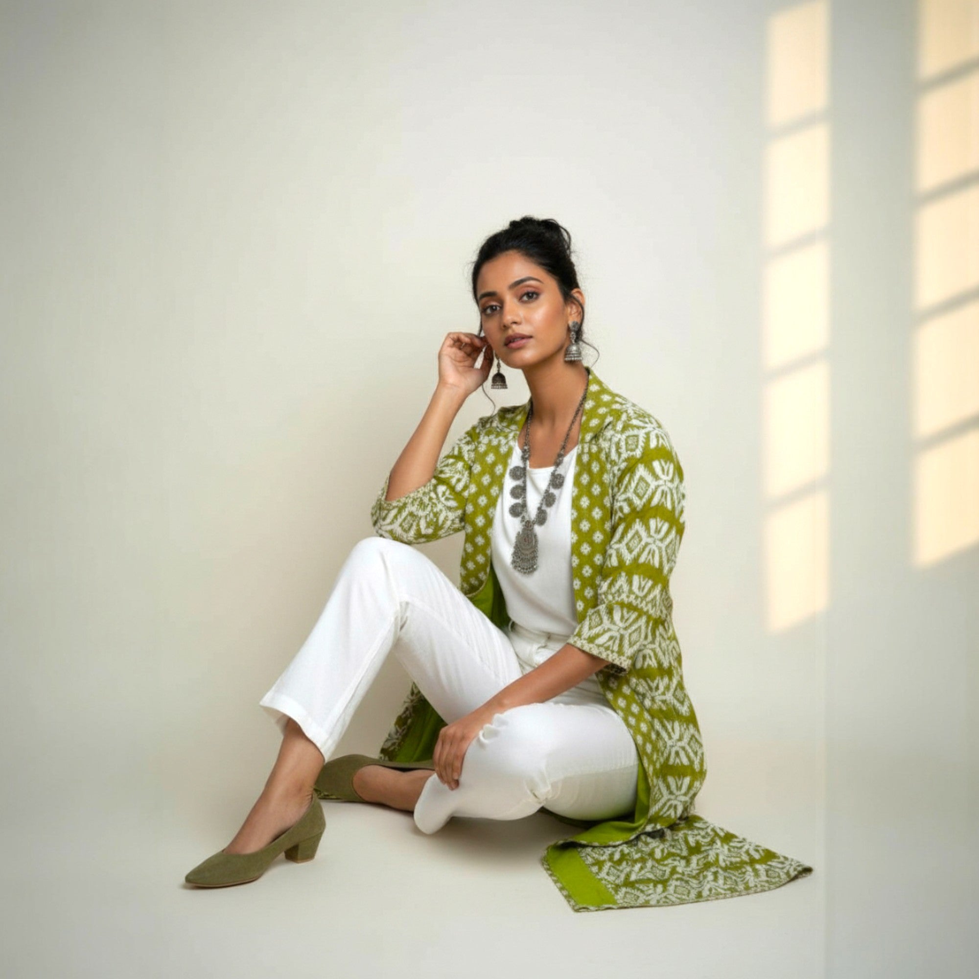 Olive Green Jamdani Cotton Shrug