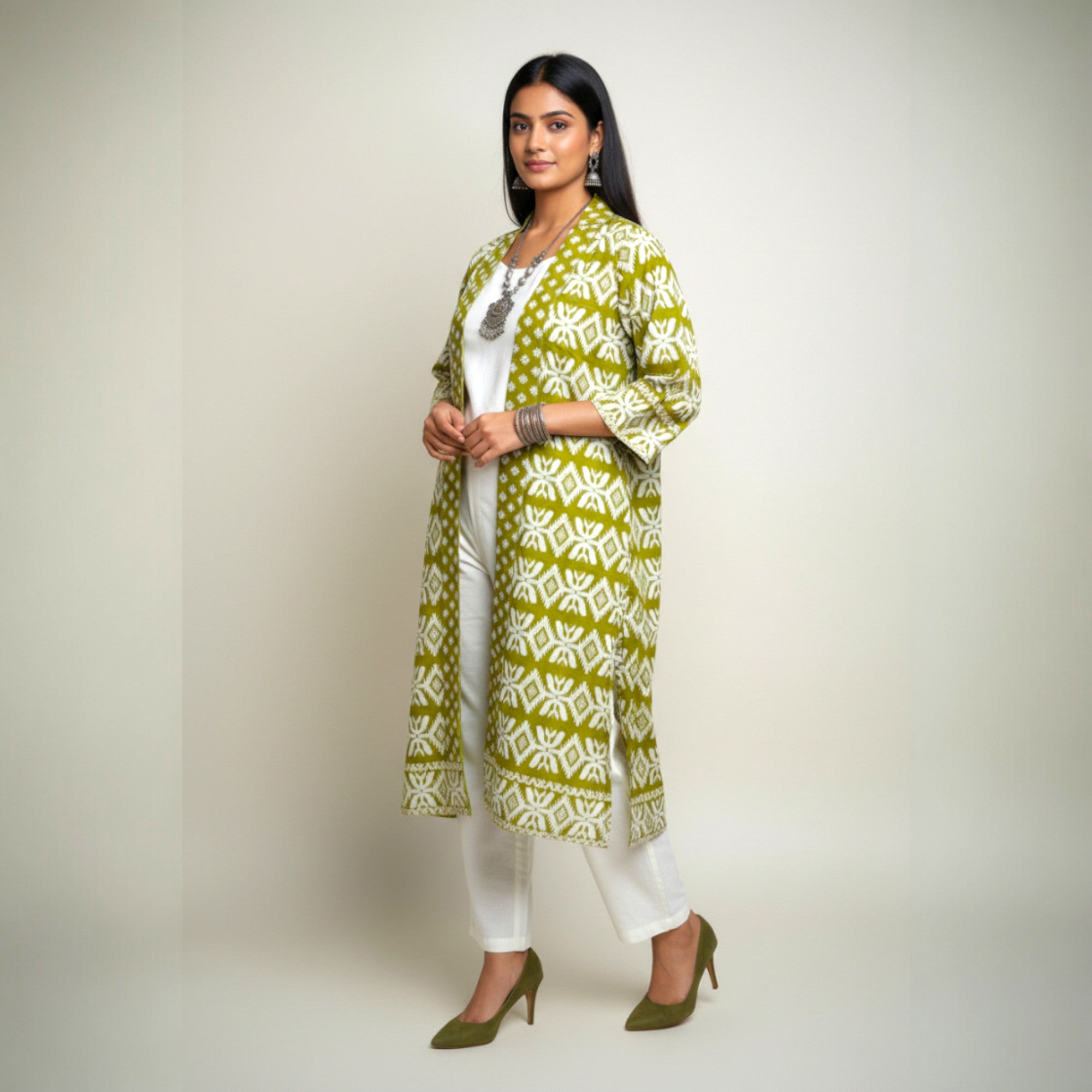Olive Green Jamdani Cotton Shrug