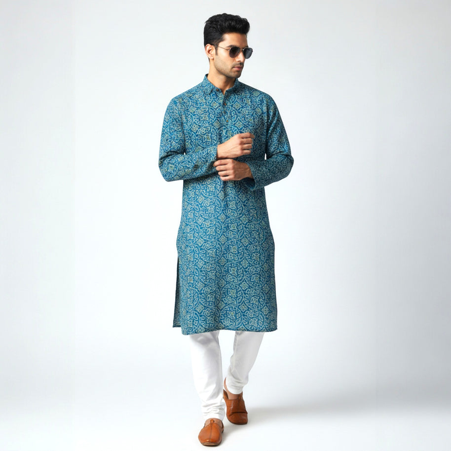 Blue Yellow Bandhani Cotton Kurta