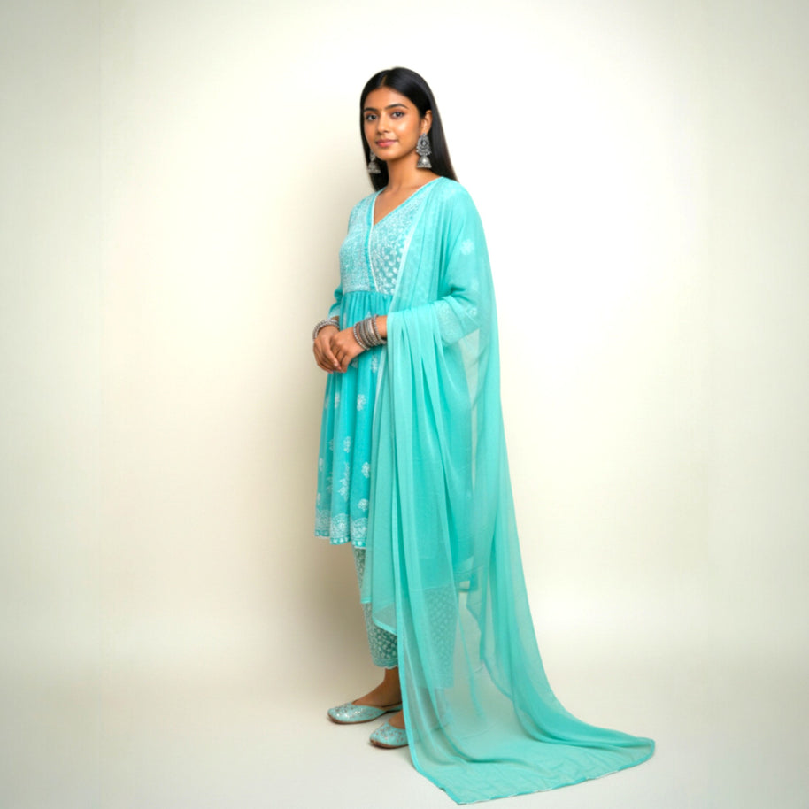 Green White Chikankari Cotton Kurti Set