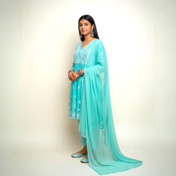 Green White Chikankari Cotton Kurti Set