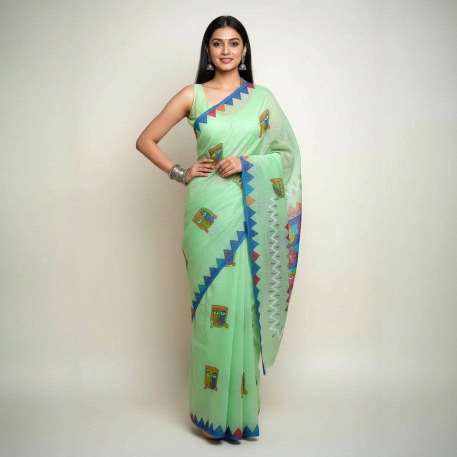 Light Green Handpainted Cotton Saree