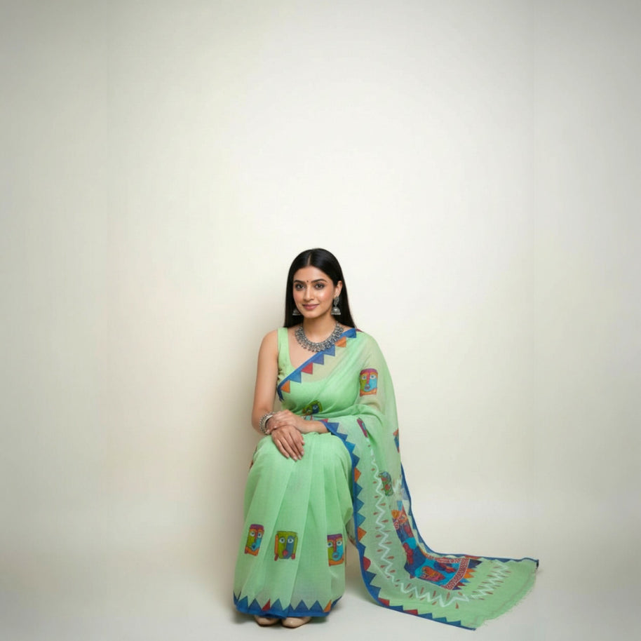 Light Green Handpainted Cotton Saree