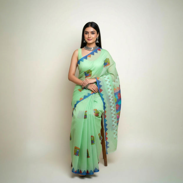 Light Green Handpainted Cotton Saree