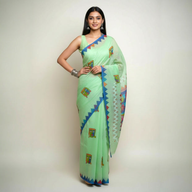 Light Green Handpainted Cotton Saree