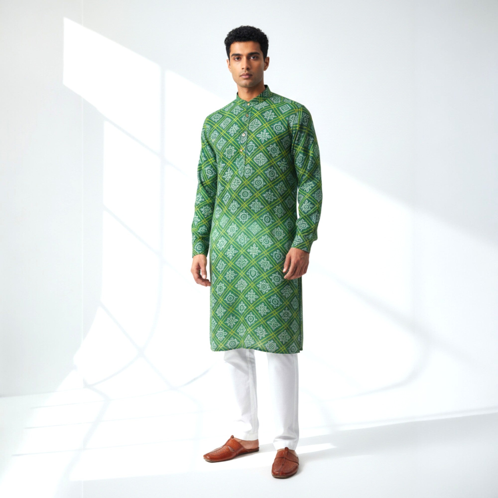 Green Yellow Bandhani Cotton Kurta