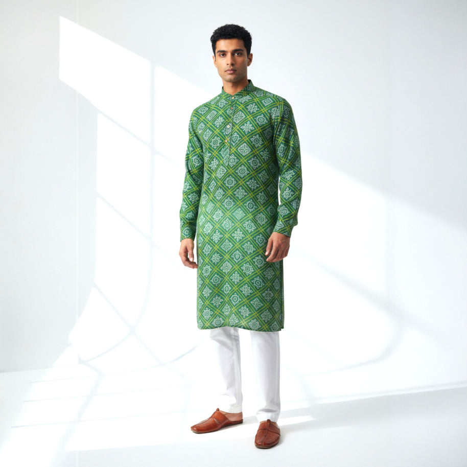 Green Yellow Bandhani Cotton Kurta