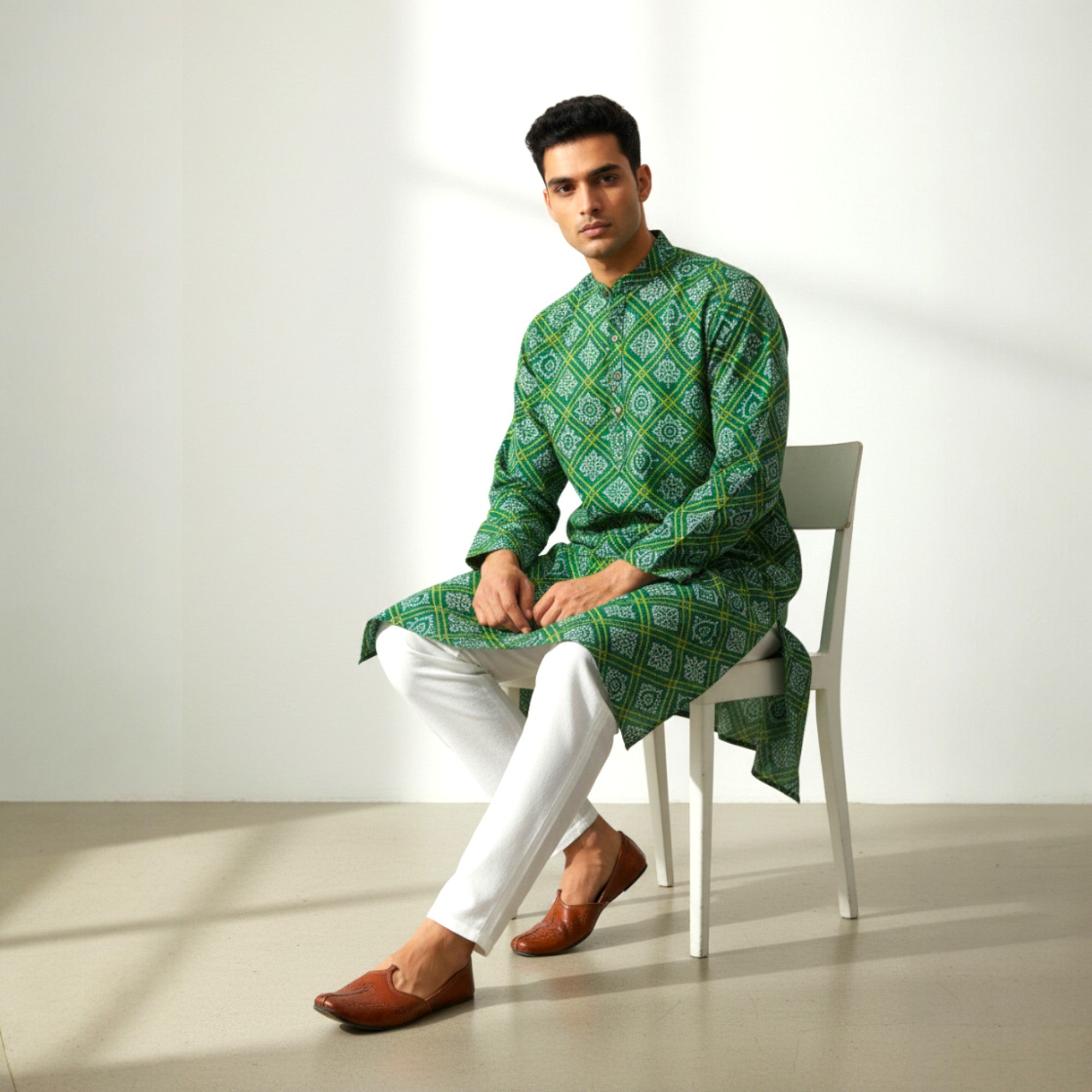 Green Yellow Bandhani Cotton Kurta