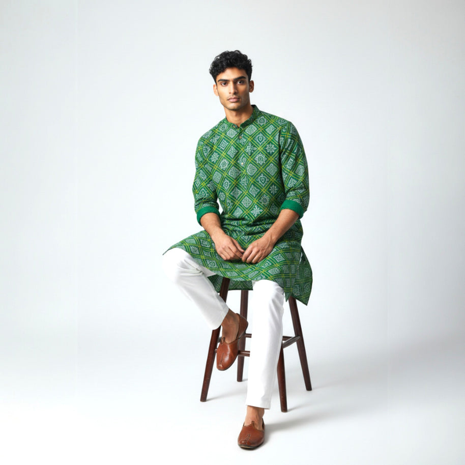 Green Yellow Bandhani Cotton Kurta