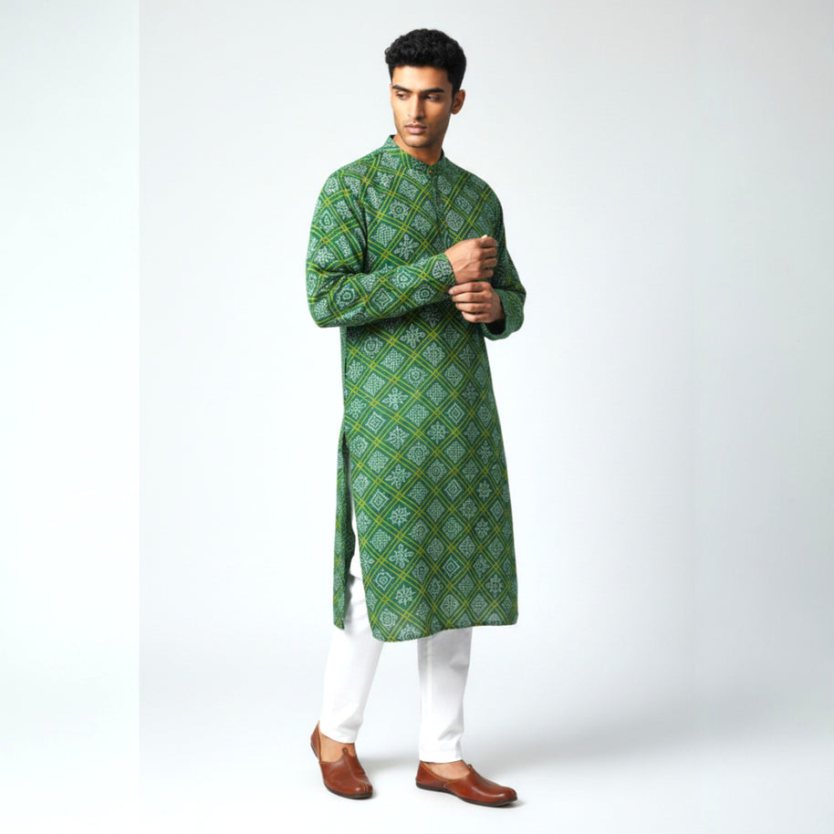 Green Yellow Bandhani Cotton Kurta