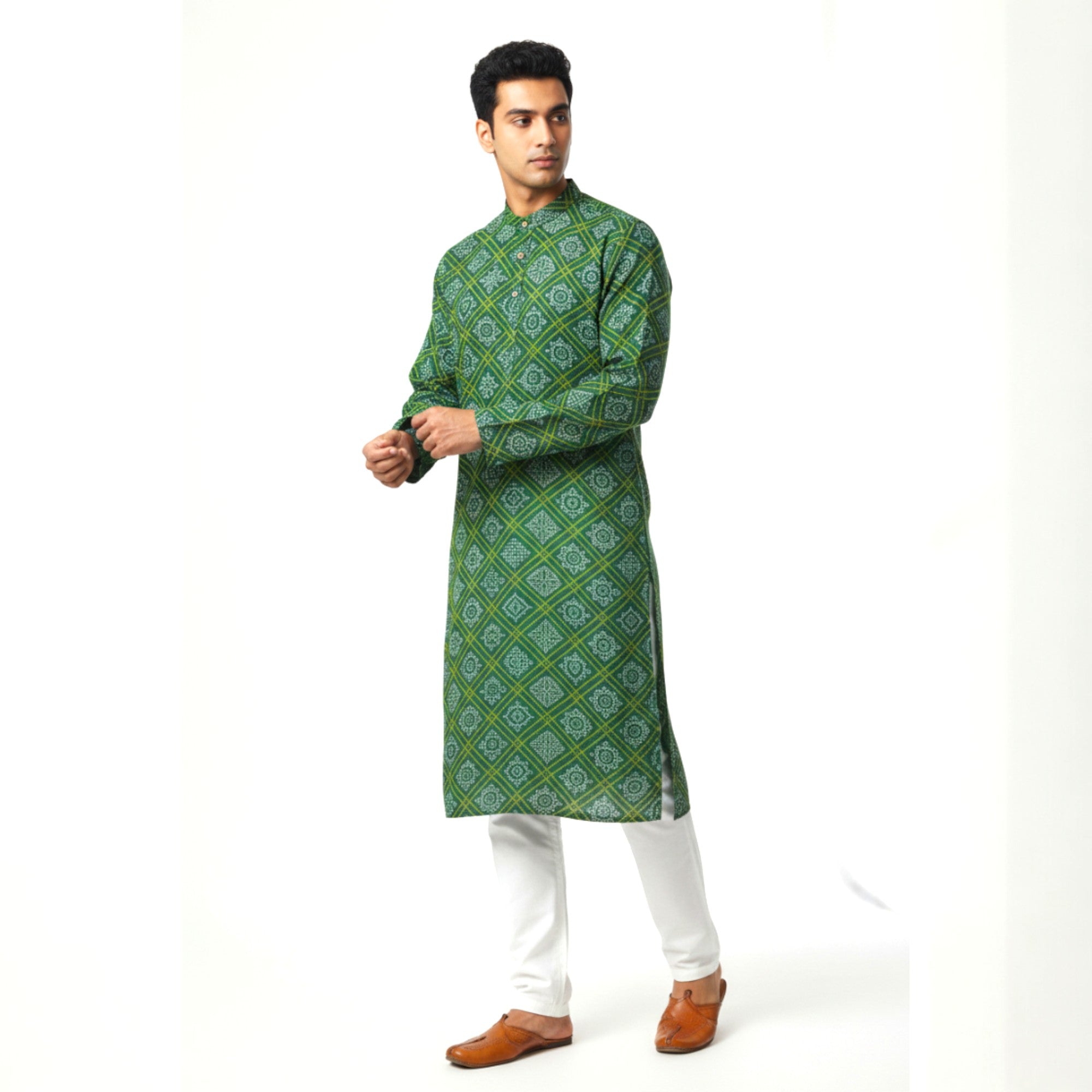 Green Yellow Bandhani Cotton Kurta