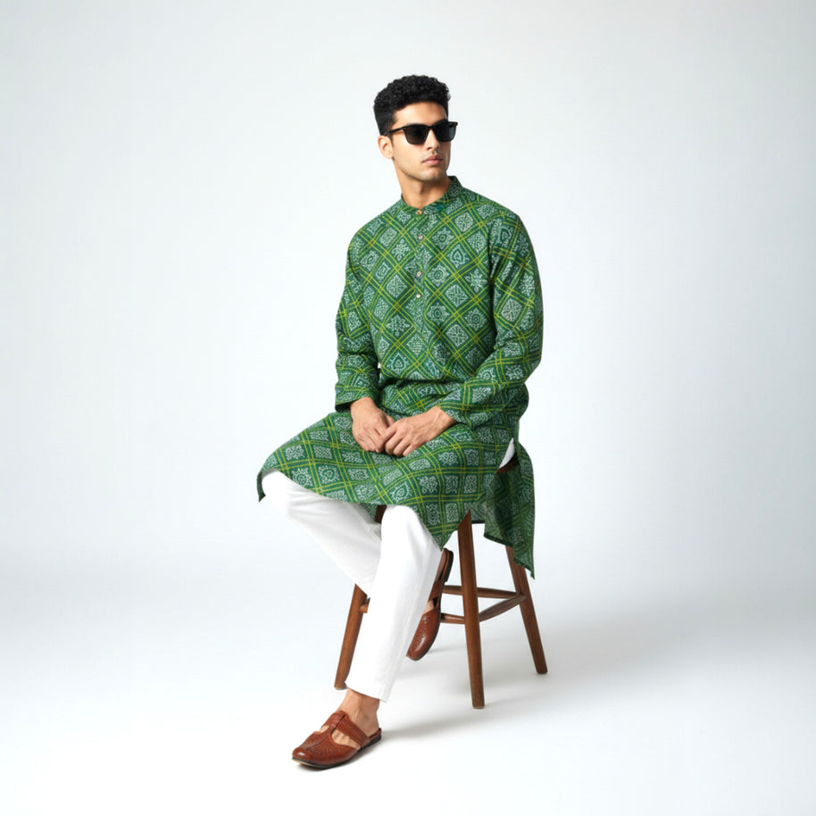 Green Yellow Bandhani Cotton Kurta