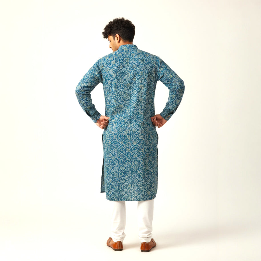 Blue Yellow Bandhani Cotton Kurta