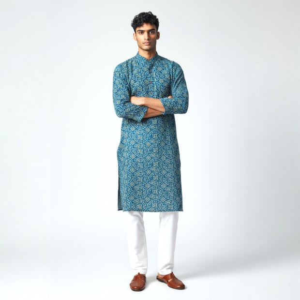 Blue Yellow Bandhani Cotton Kurta