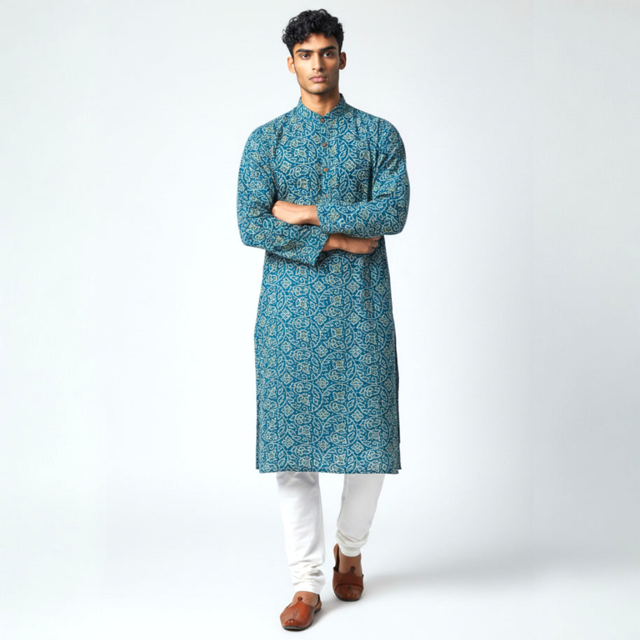 Blue Yellow Bandhani Cotton Kurta