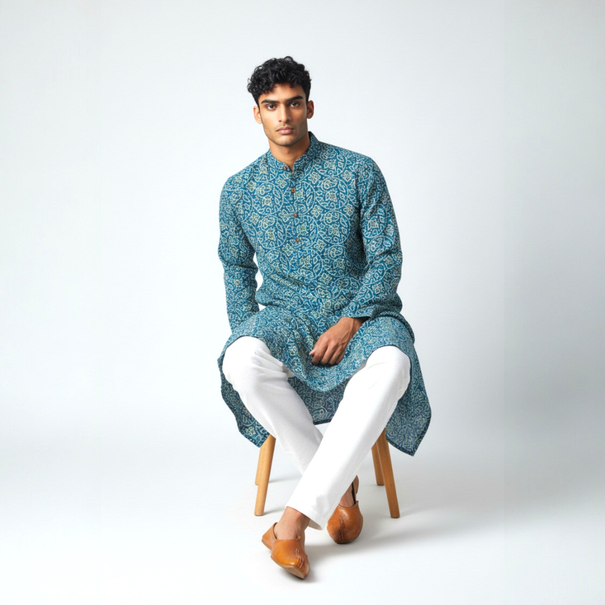 Blue Yellow Bandhani Cotton Kurta