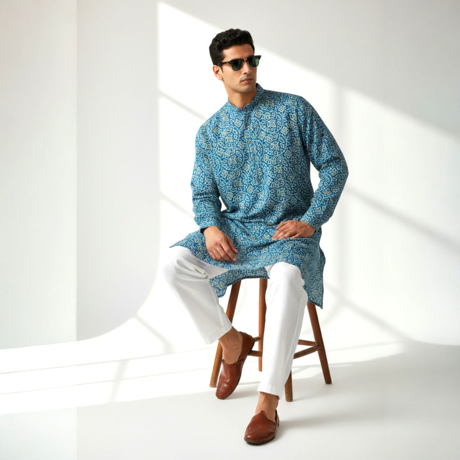 Blue Yellow Bandhani Cotton Kurta
